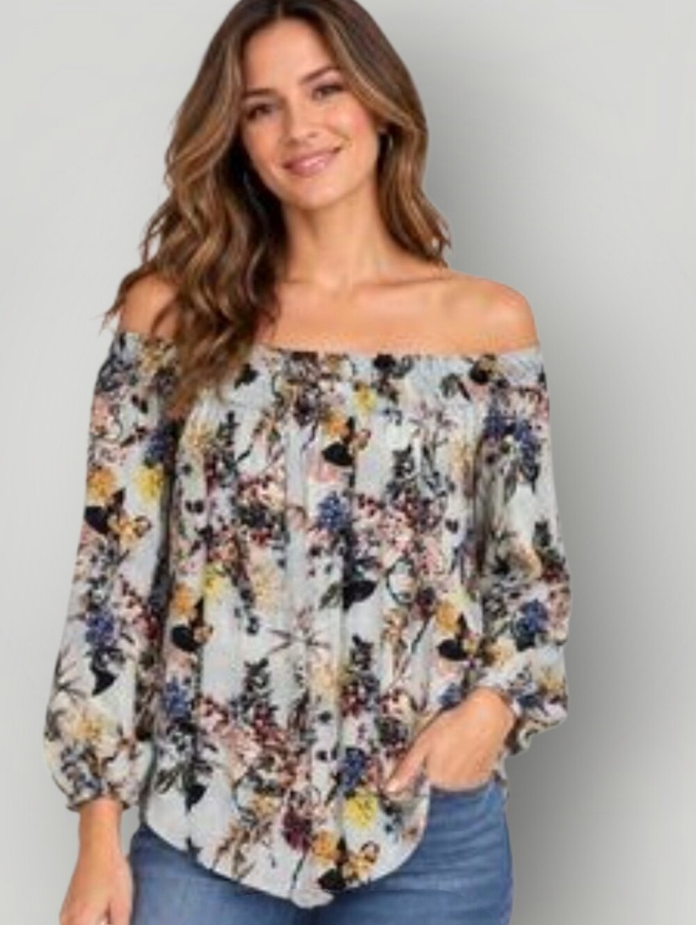 Karen Kane Women's Medium Floral Peasant Blouse Blue Boho Smocked Long Sleeve